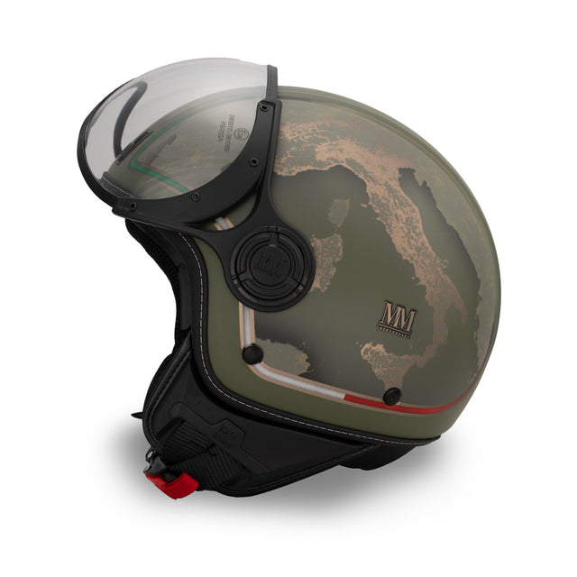 Casque jet Verde Avanguardia : finitions bronze, identité italienne, caractère militaire
