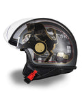 Casque jet fabriqué à la main à Turin avec Mole Antonelliana, finitions dorées et paysages alpins en noir et blanc - vue latérale avec visière surélevée