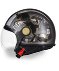 Casque jet MM Independent Torino gris argenté avec taureau rampant noir et détails Chrometech® dorés - vue latérale avec visière abaissée
