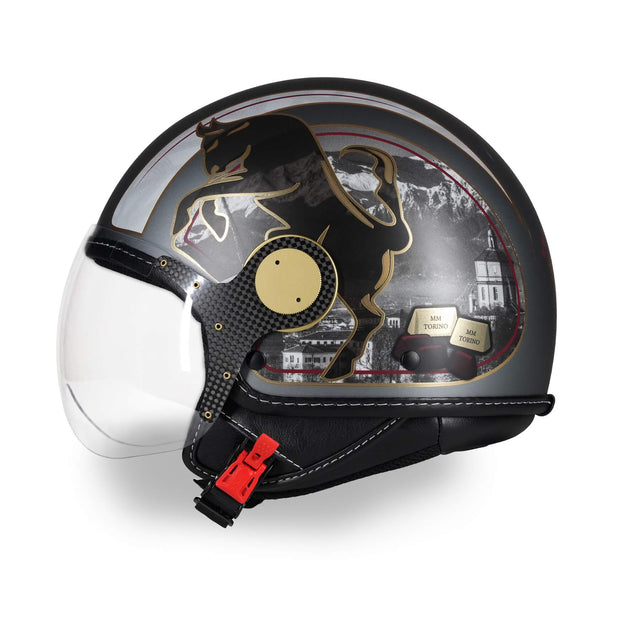 Casque jet MM Independent Torino gris argenté avec taureau rampant noir et détails Chrometech® dorés - vue latérale avec visière abaissée
