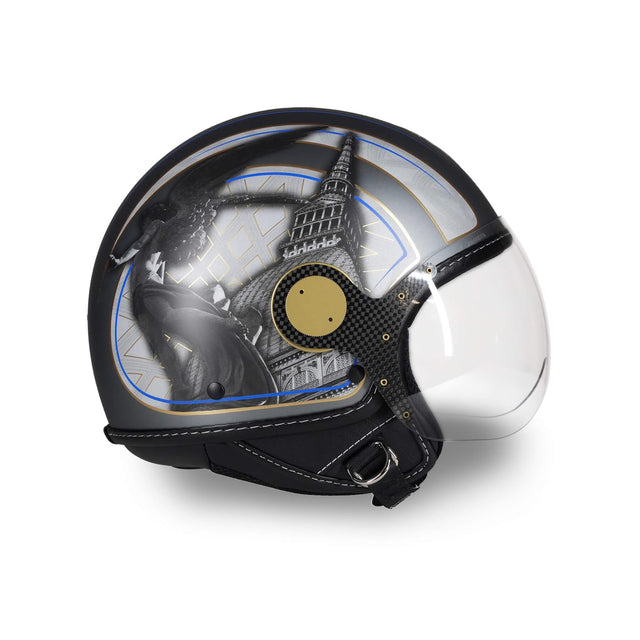Casque jet gris métallisé avec taureau héraldique, Mole Antonelliana et lignes rouges et bleues inspirées de Turin - vue latérale