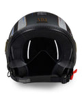 Casque jet MM Independent Turin avec logo arrière couronné et graphisme dédié à la tradition savoyarde - vue avant avec visière abaissée