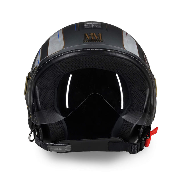 Casque jet MM Independent Turin avec logo arrière couronné et graphisme dédié à la tradition savoyarde - vue avant avec visière abaissée