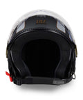 Casque jet à double visière, visière interne obscurcie et coque décorée de symboles emblématiques de Turin - vue de face avec visière surélevée