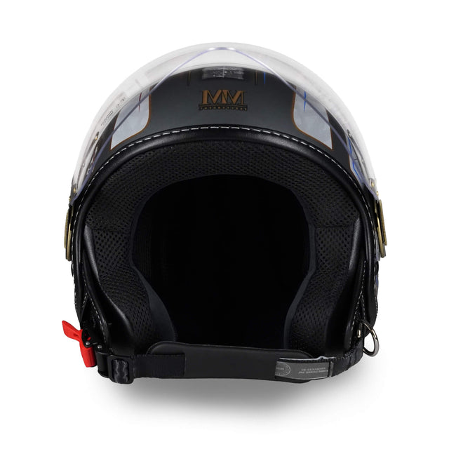 Casque jet à double visière, visière interne obscurcie et coque décorée de symboles emblématiques de Turin - vue de face avec visière surélevée