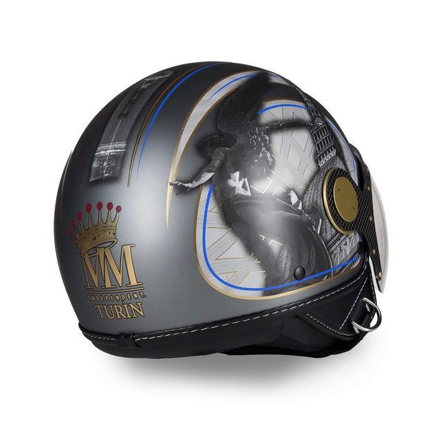 Casque jet Torino avec décorations dorées Chrometech®, sculptures de l'ange noir de Piazza Statuto - vue de trois quarts