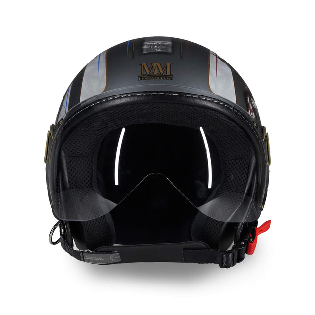 Casque jet Torino en ABS avec supports en carbone aéronautique et finitions réfléchissantes haute visibilité - vue de face avec visière abaissée